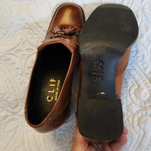 EUC  CLIF made in itay block heel slip on tassel borwn leather 37.5  6.5 - Picture 7 of 9